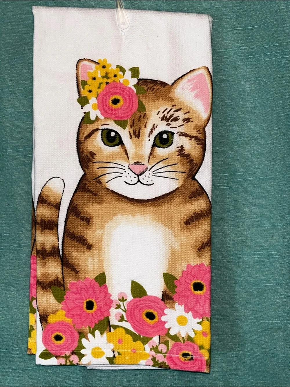 Floral Tabby Cat Kitchen Towel - Pink & Brown